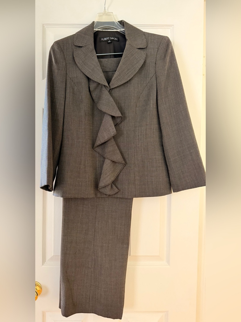 Albert Nipon Gray Houndstooth Ruffle Front Women's Suit